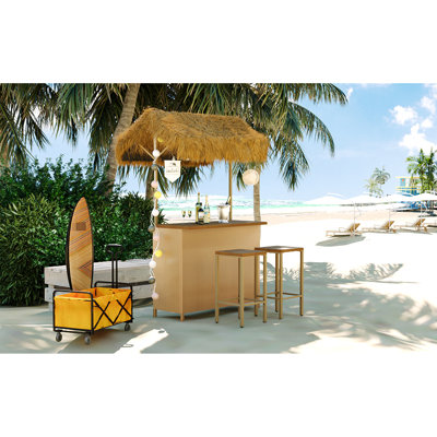 Mobilier de bar d'extérieur style avec auvent, plateau en bois, pieds réglables, rangement pratique pour une utilisation de style hawaïen en gazon synthétique, durabilité des pieds et