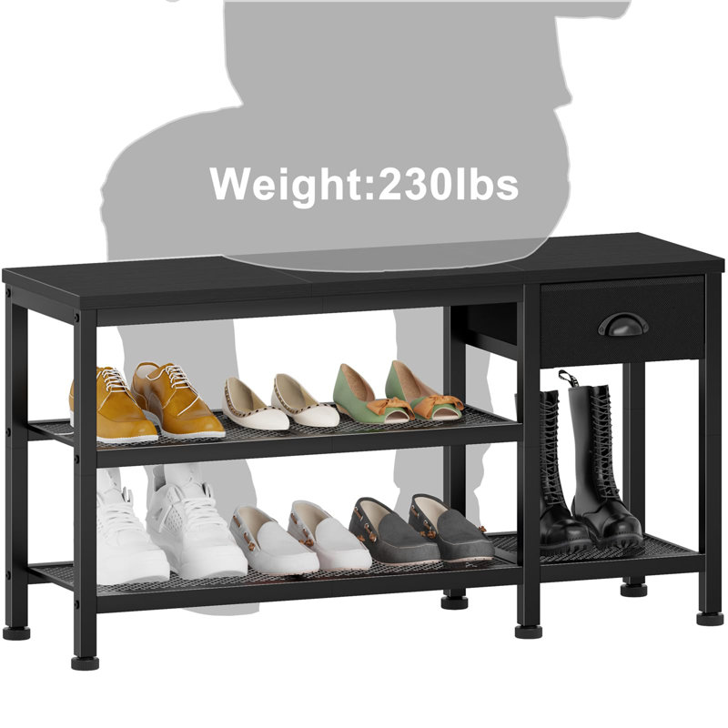 35.43" Entryway Shoe Bench with Wood Seat and Metal Grid, Black