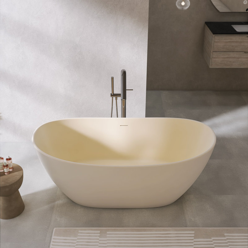 65" Solid Surface Soaking Bathtub, Freestanding, Oval Shape, Cream