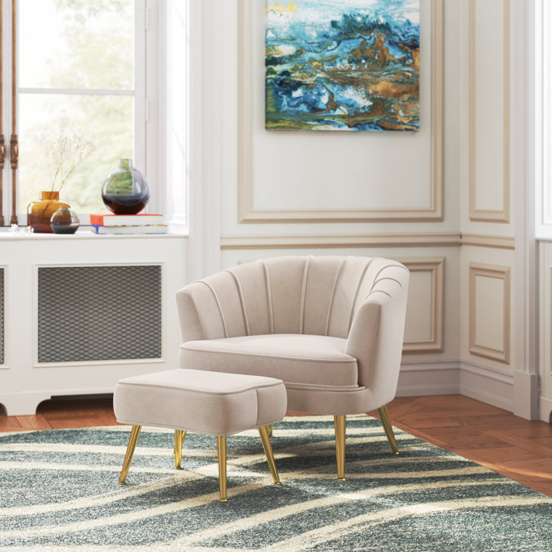 Latonia Upholstered Barrel Chair with Ottoman, Ivory Velvet