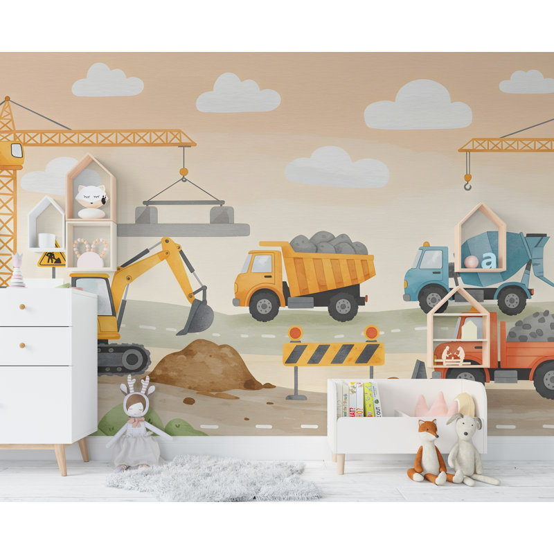 Papier peint Construction | Murale pour chambre de garçon | Décalcomanie murale «Digger, Bulldozer & Cement Mixer» | Camion décor de chambre de bébé à thème 586RS (Peel-N-Stick) RS586
