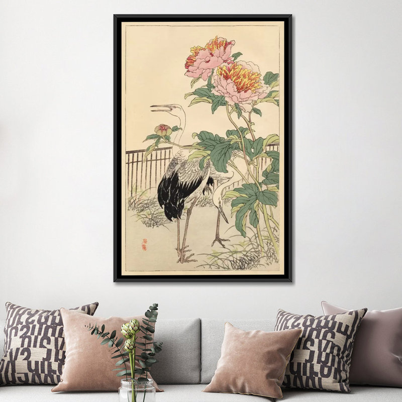«Crane and Peony», reproduction d'art sur toile, H 60 po x l 40po x P 1,5 po, Toile tendue, Pas de tapis
