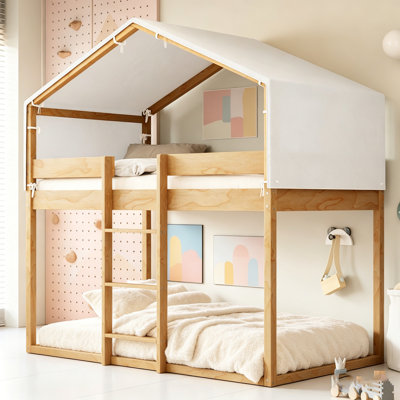 Twin Over Twin Bunk Bed With Playhouse Tent, Sturdy Pine Wood Construction For Kids' Fun And Comfort