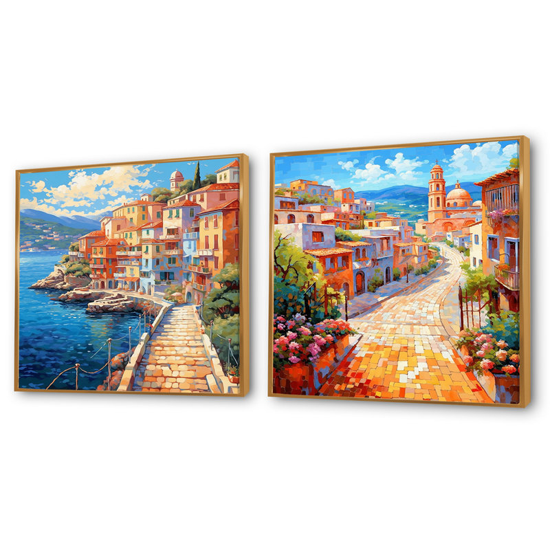 «Beautiful Port In Italy» - ensemble de 2 collages carrés, Cadre flottant doré, H 36 po x l 73 po