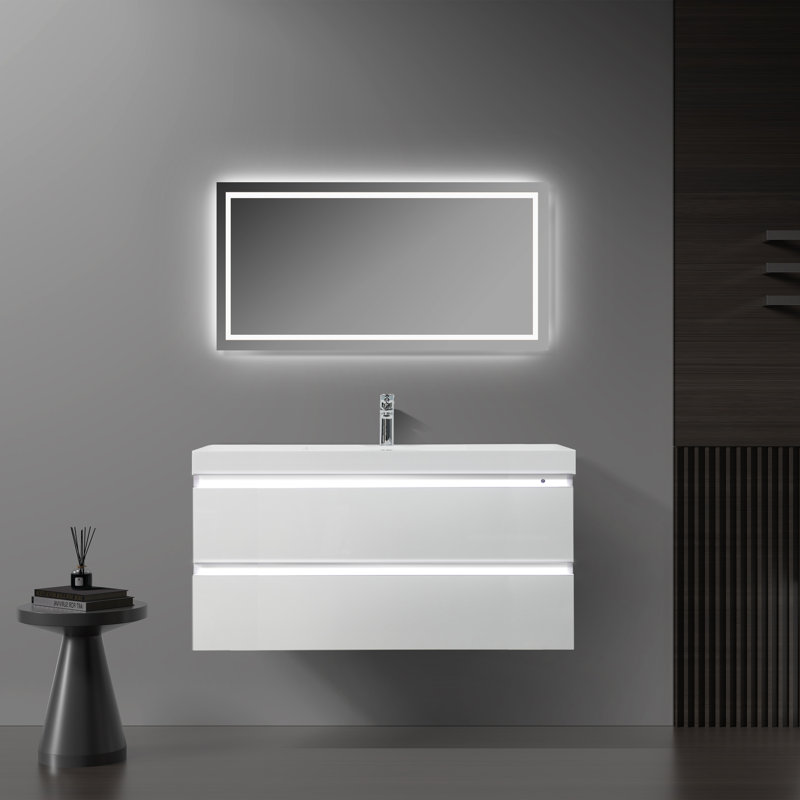 Farell 42 po L x 19 po P 2 tiroirs Meuble-lavabo mural avec évier simple et Comptoir en Acrylique blanc