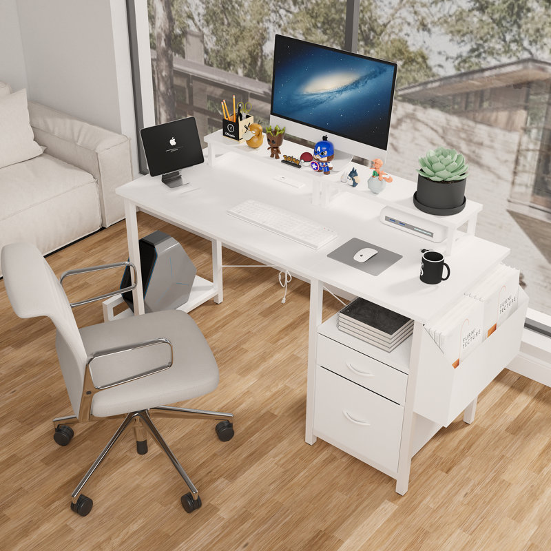 47"Office Desk With Power Outlet,2 Monitor Stands,2 Drawers,Side Pocket,Easy To Assemble,Frame Stability Reversible,Use For Home Desk, Computer Desk, Game Table,White