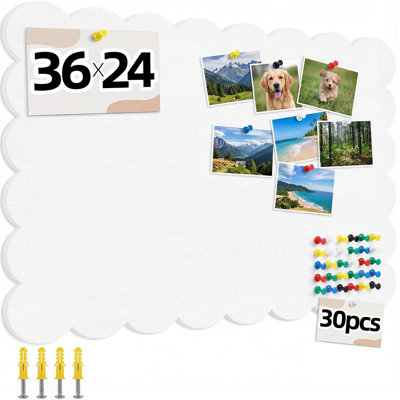 Scalloped White Felt Bulletin Board 36x24 Inches - Self-Adhesive Foldable, with 30 Pushpins, Cork Board Alternative - Decorative Pin Board for Wall, Home, Office & School