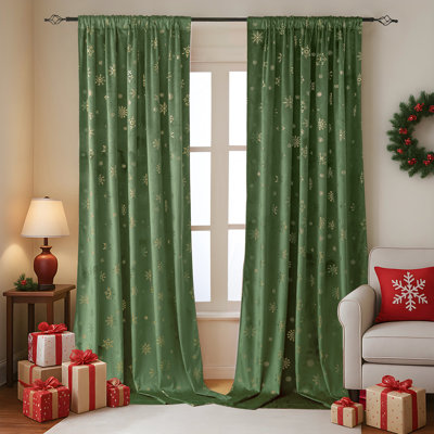 Rideaux en velours de Noël vert 96 pouces de long 2 panneaux pour chambre à coucher salon or flocon de neige décor de vacances isolant thermique obscurcissant passe-tringle fenêtre fenêtre rideaux, 52 x 96