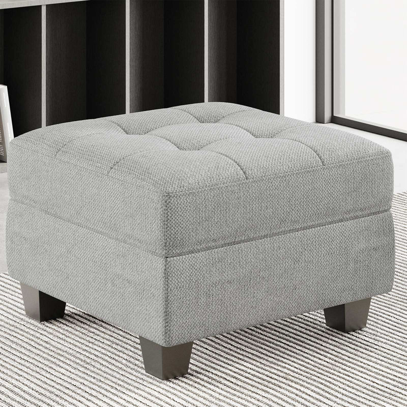 Repose-pieds rembourré en lin et velours Buckleton, Lin gris pâle