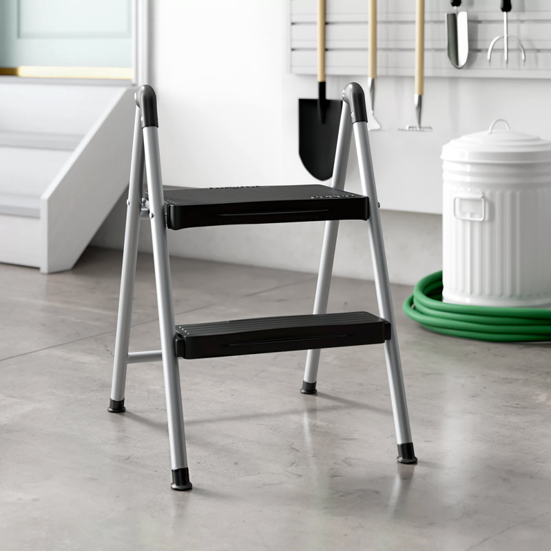 Foldable Black and Platinum 2-Step Steel Stool