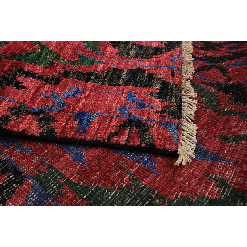 Tapis unique en laine noué à la main rouge / noir 4 pi x 6 pi années 2010 Quimper