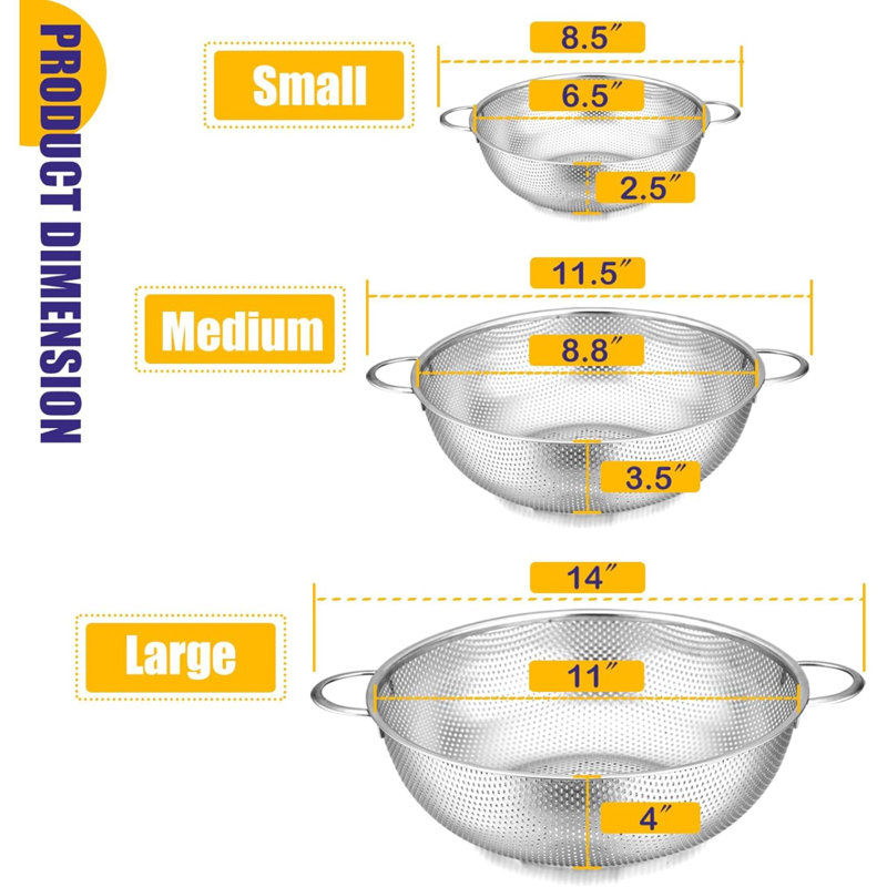 Stainless Steel Colander Set Of 3 (1-3-5Quart), Micro-Perforated Metal Colander Strainer With Handle For Kitchen/Draining Pasta/Rinsing Vegetables Fruits, Heavy Duty & Dishwasher Safe