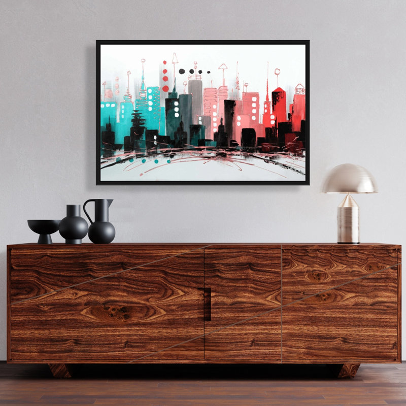 Paysage urbain avec des couleurs or rose - Toile encadrée, H 25,25 po x l 37,25 po