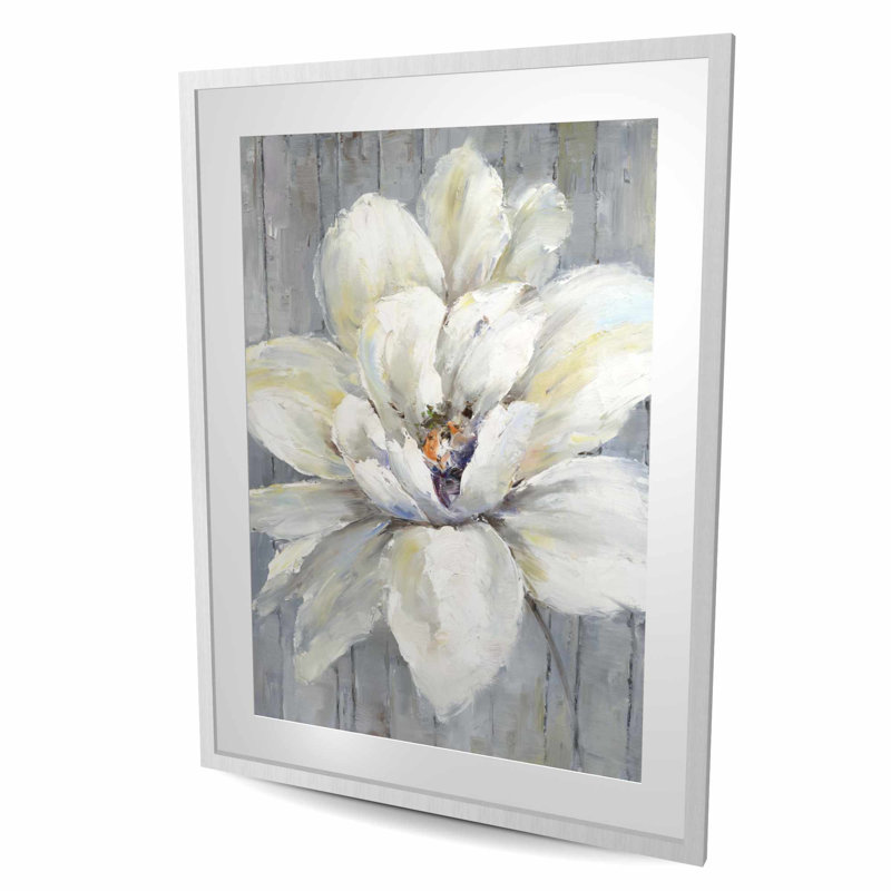 Fleur blanche sur bois - impression florale encadrée pour la décoration intérieure