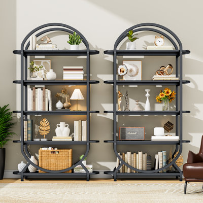 Set of 2 Tall Bookshelf Arched Bookcase, Modern 5-tier Book Shelves With Storage Organizer - Industrial Curved Freestanding Open Display Shelving Unit For Living Room, Library, Home Office, Black
