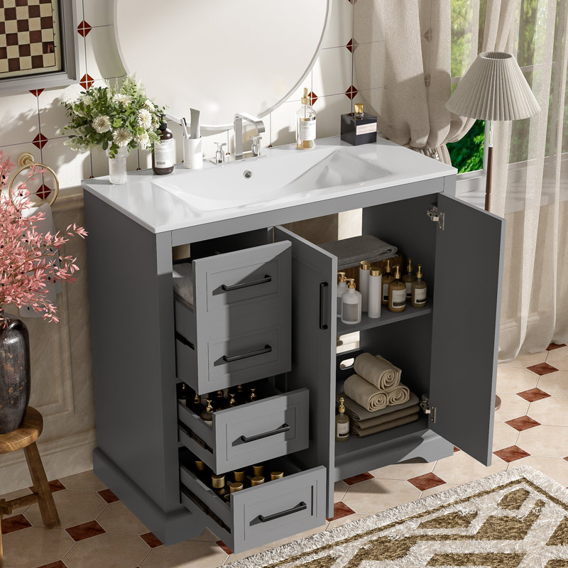 36" Modern Bathroom Vanity With Ceramic Sink, Soft-Close Door, Adjustable Shelf., Gray/Black