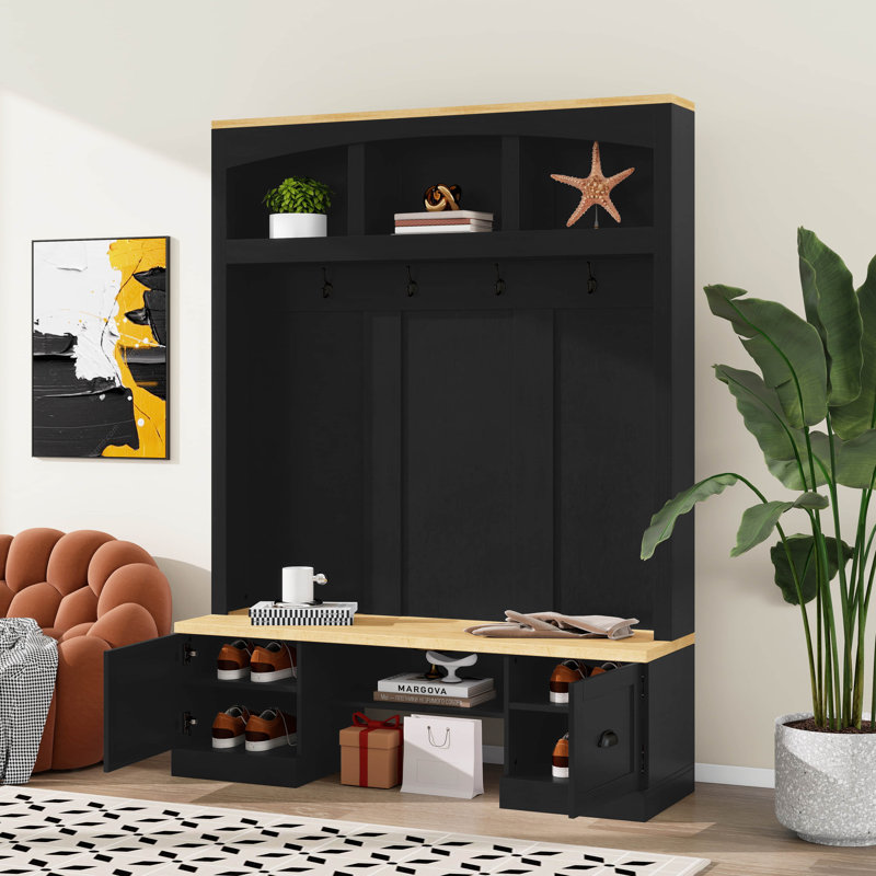 4-In-1 Hall Tree With Wood Grain Bench And Top, Coat Rack With Hooks And Shell Handles, Mudroom Bench With Adjustable Shelves
