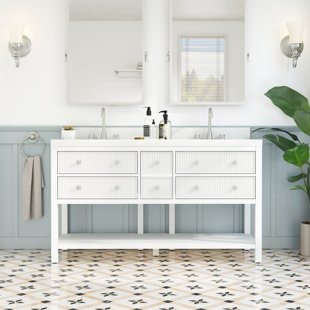 Meuble-lavabo double 60 po en bois massif avec plateau en quartz, entièrement assemblé
