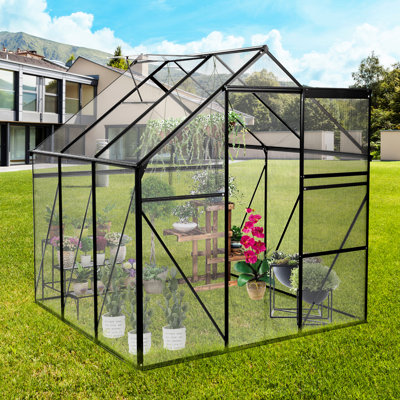 Serre robuste de 6 pi x 6 pi - Polycarbonate noir pour la cour arrière, toit réglable, porte coulissante, base galvanisée pour bloquer les plantes toutes saisons