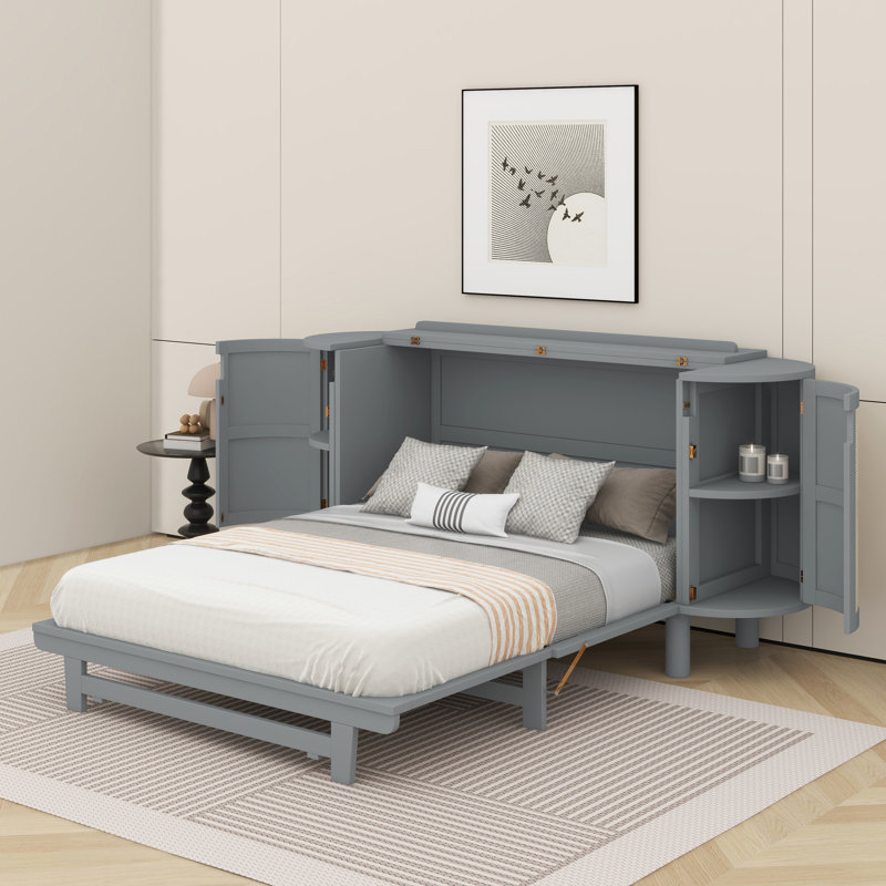 Elegant Murphy Bed With Built-In Side Storage Cabinets And Woven Design, Queen, Gray