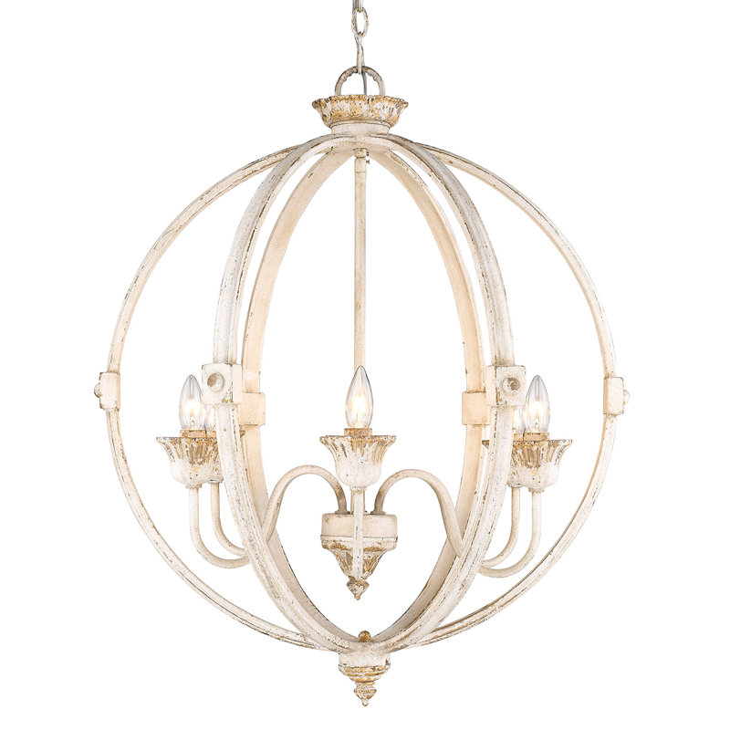 6 - Light Candle Style Globe Chandelier, Antique Ivory