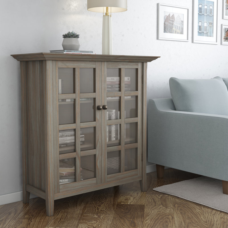 Acadian Solid Wood Transitional Low Storage Cabinet with Glass Doors and Adjustable Shelves, Distressed Gray