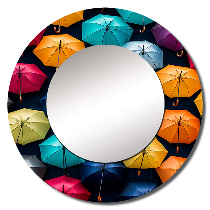 Sky Full Of Colorful Umbrellas III - Sky Mirror, Traditional Round Unique Wall Mirror, Printed Metal Art, 36" x 36"