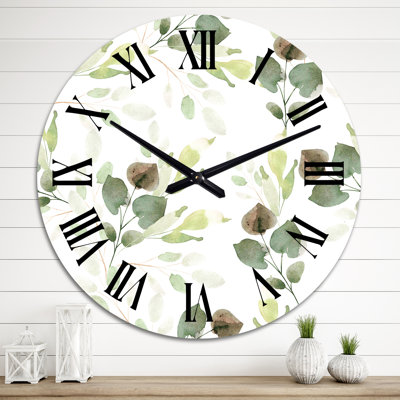 Green Leaves on White - Patterned Wall Clock