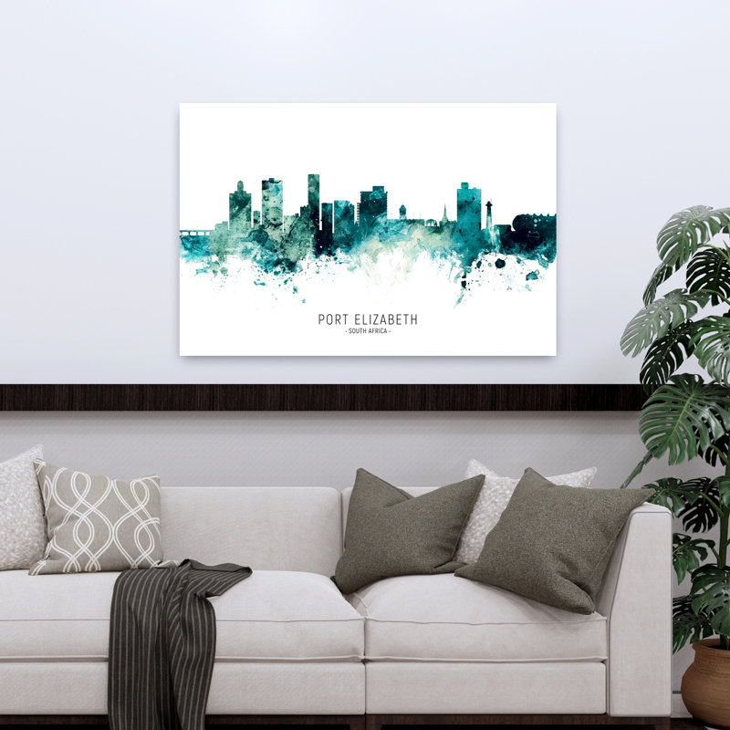 Aquarelle, Port Elizabeth, paysage urbain abstrait, architecture moderne et vibrante, art mural, H 32 po x l 48 po