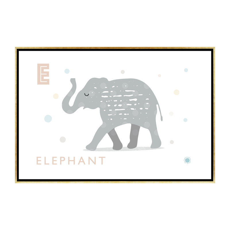 E Is for Elephant - impression d'art graphique, H 40 po x l 60 po x 1,5 po, Toile encadrée d'or, Pas de tapis
