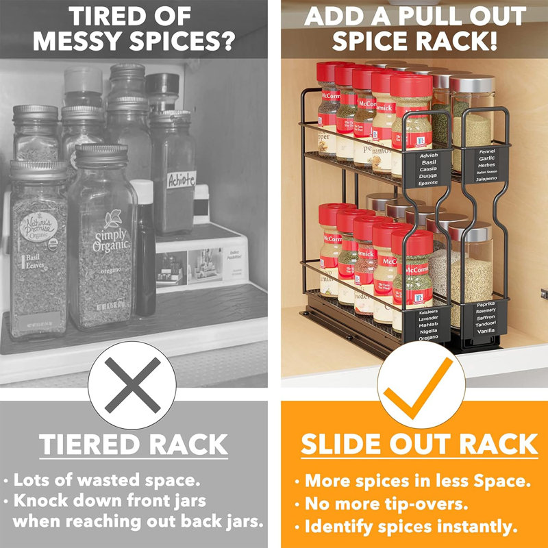 Heavy Duty Black Steel Pull Out Spice Rack Organizer with Labels