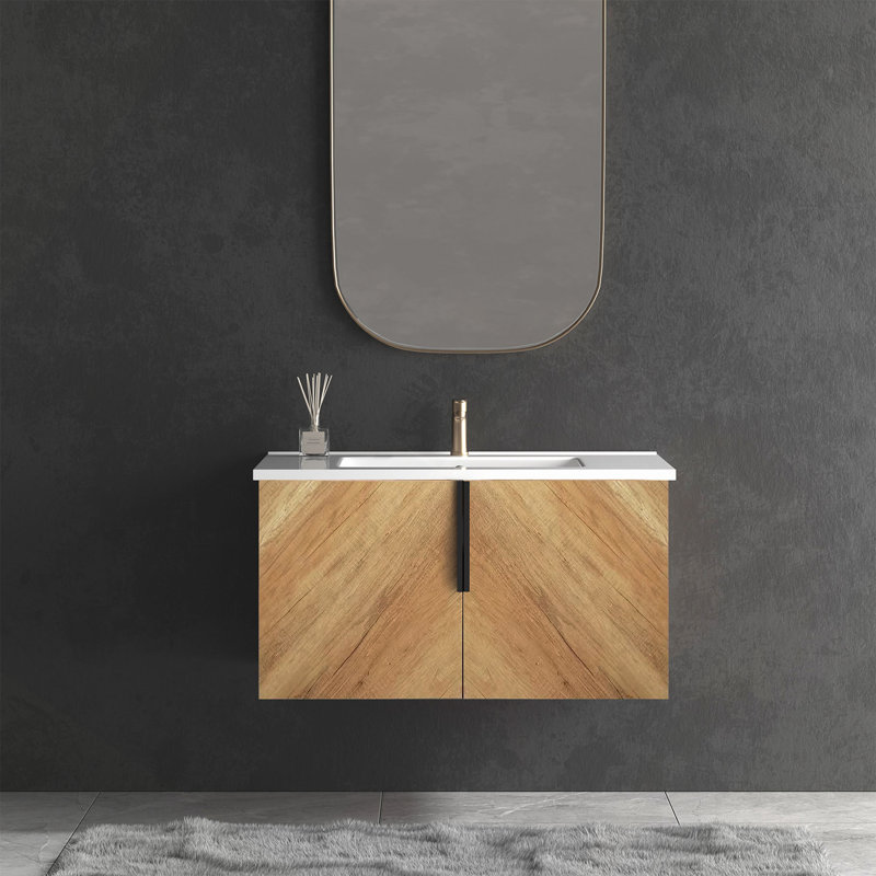 Meuble-lavabo mural 30 po avec panneau cannelé 3D et lavabo intégré en céramique