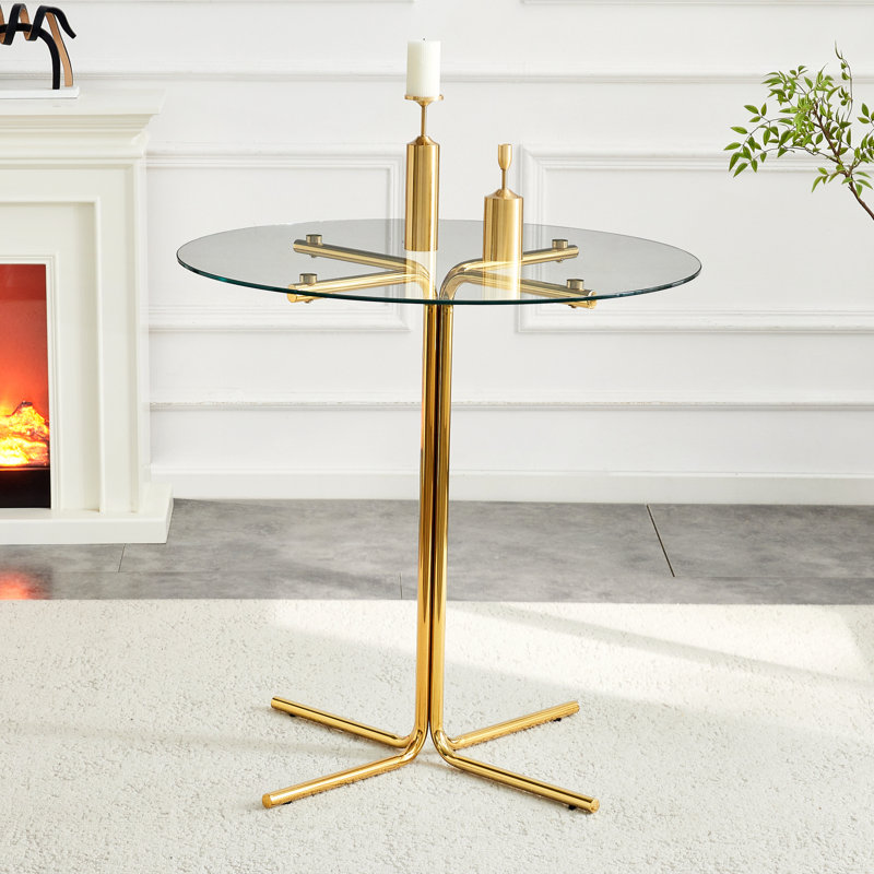 Table haute ronde en verre avec plateau en verre trempé et support robuste à quatre colonnes plaqué chrome doré pour les petits espaces et les cuisines