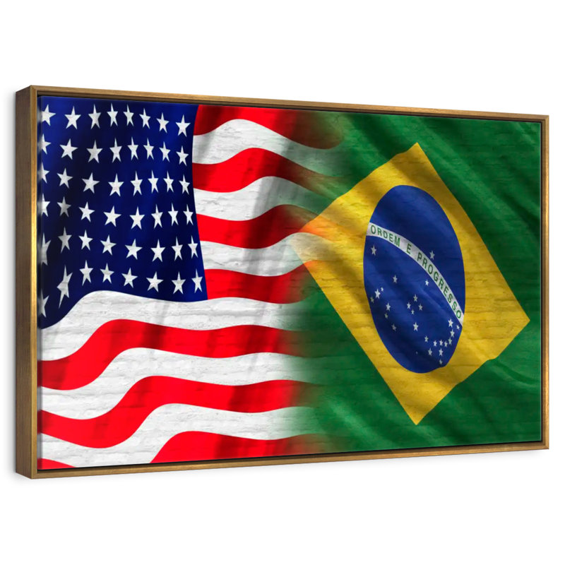 Drapeau des États-Unis et du Brésil, 19 po x 13 po, Cadre flottant doré