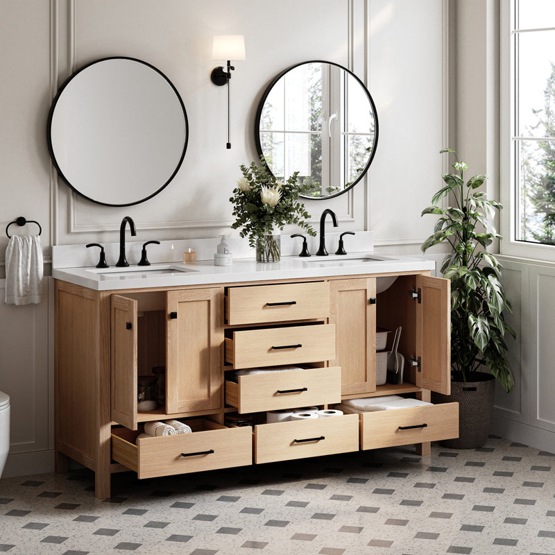 Cambridge 67'' Double Bathroom Vanity with White Quartz Top, Oak / Matte Black