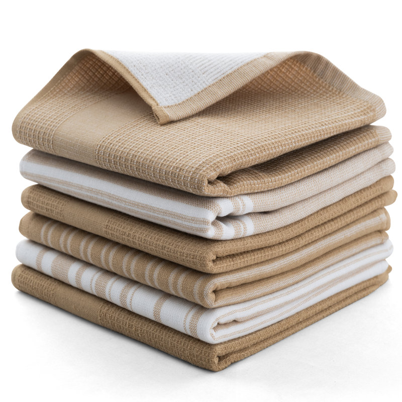 Lux Decor Cotton Waffle Dish Cloth Stripe Kitchen Towel (Set of 6), Khaki