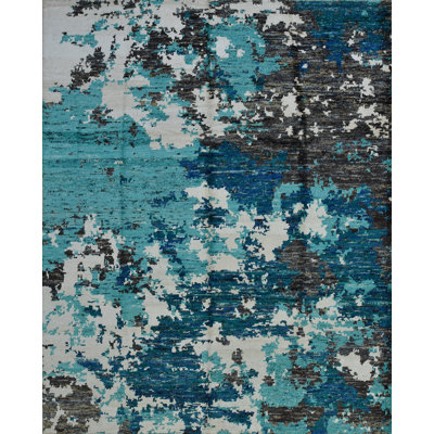 Tapis unique en viscose noué à la main sarcelle / noir 8 pi 1 po x 10 pi 1 po Rashaun