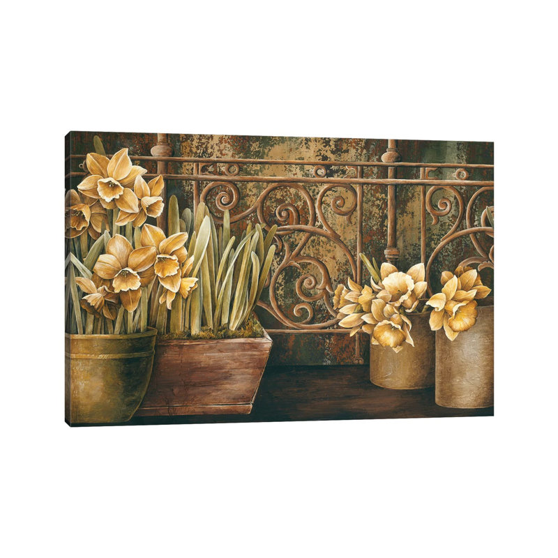 Ironwork With Daffodils by Linda Thompson - Wrapped Canvas Painting, 152.5 cm H x 101.5 cm W