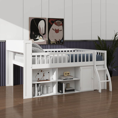 Queen-Sized Wooden Loft Bed Frame With Storage Headboard & LED Light, Low-Profile Loft Bed With Integrated Storage