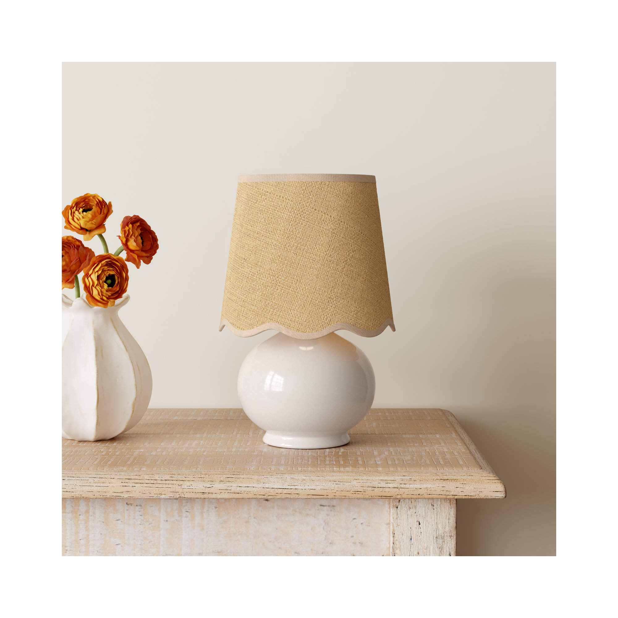 Momsen Scallop Shade Lamp, Natural, 13"" H x 8"" W x 8"" D, White