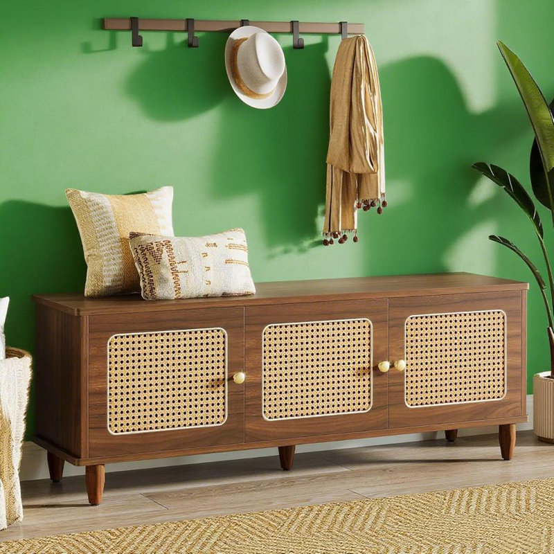 Banc à chaussures rustique en bois et rotin - Rangement de style campagnard avec 3 portes et tablette centrale