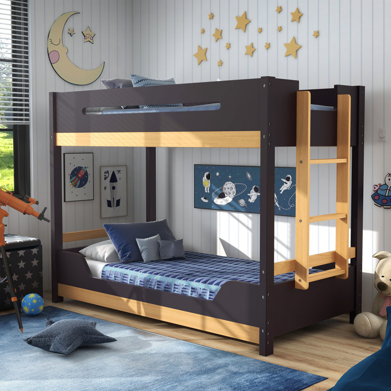 Jerami Low Twin/Twin Low Bunk Bed With Attached Side Ladder, Brown/Purple