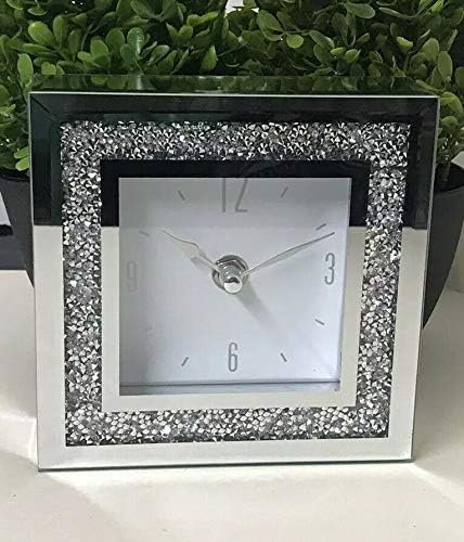 Small Square Crystal Clock - 14x14cm, Silver, Classic Style, Tabletop, Silent, Digital, Battery Operated