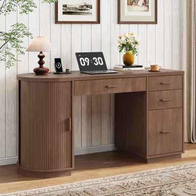 57\.9'' Mid-Century Executive Desk With Drawers, File Cabinet And Power Outlet, Home Office Computer Desk With Storage Cabinet