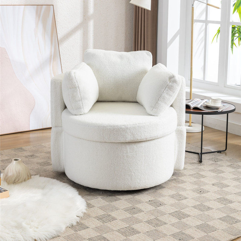 Fauteuil demi-tonneau pivotant avec rangement, Blanc peluche