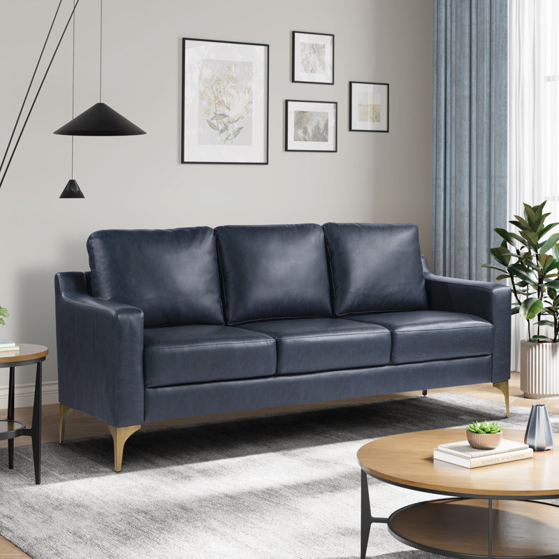 Serta® Turner 68.9" Square Arm Faux Leather Sofa, Brushed Bronze, Navy Blue Faux Leather
