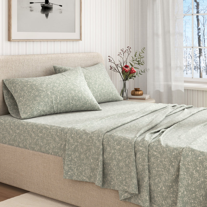 Ensemble de draps 100% flanelle de coton, Ensemble de draps pour lit double avec deux taies , Motif floral de fleur glacée
