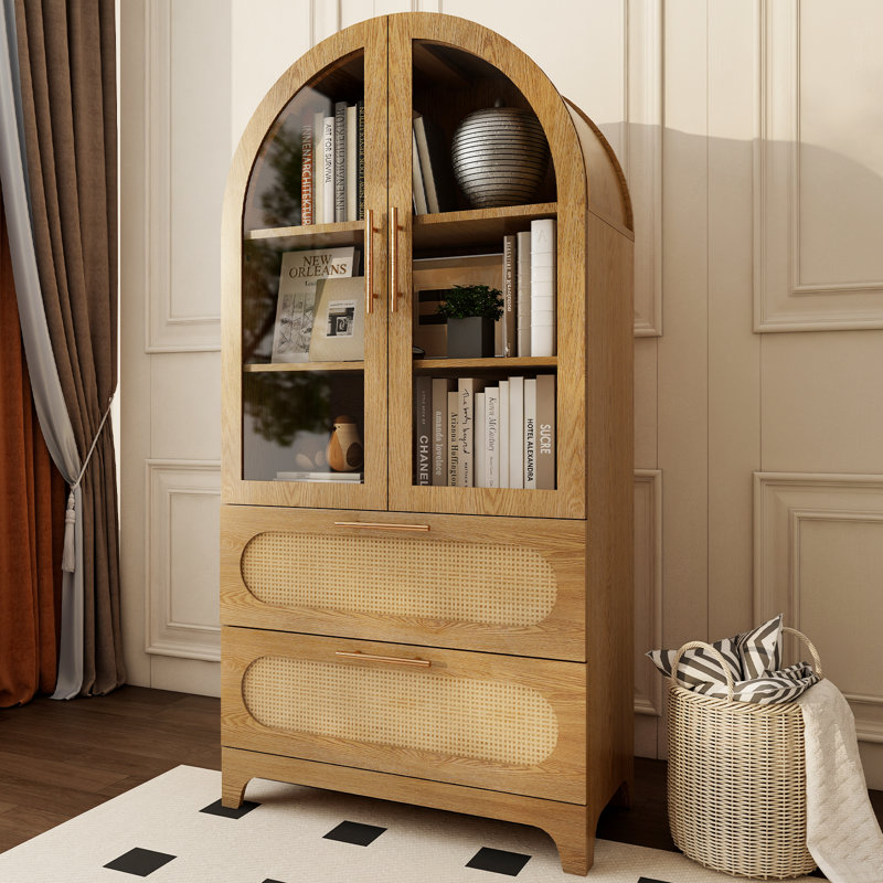 Armoire de rangement arquée en bois avec portes en rotin, étagère de présentation autoportante à 3 niveaux avec rangement caché