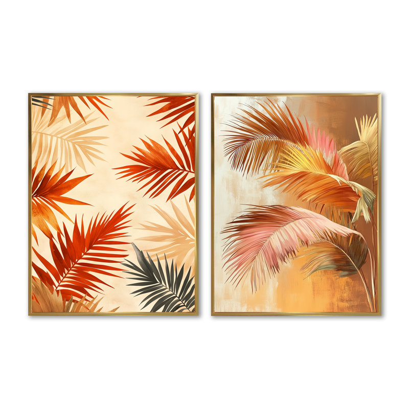 «Terracotta Palm Vibes - Tropical Botanical Leaves», art mural sur toile 2 pièces, H 32 po x l 48 po, Cadre flottant doré