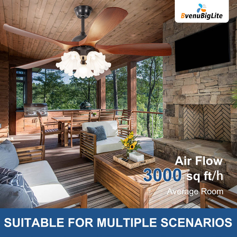 46" 5-Blade Walnut Modern Ceiling Fan with Light 5*E26 (excl.bulb),Flower Shade,Remote Control, 6-Speed,Reversible Airflow,Height-Adjustable for Bedroom Living Room